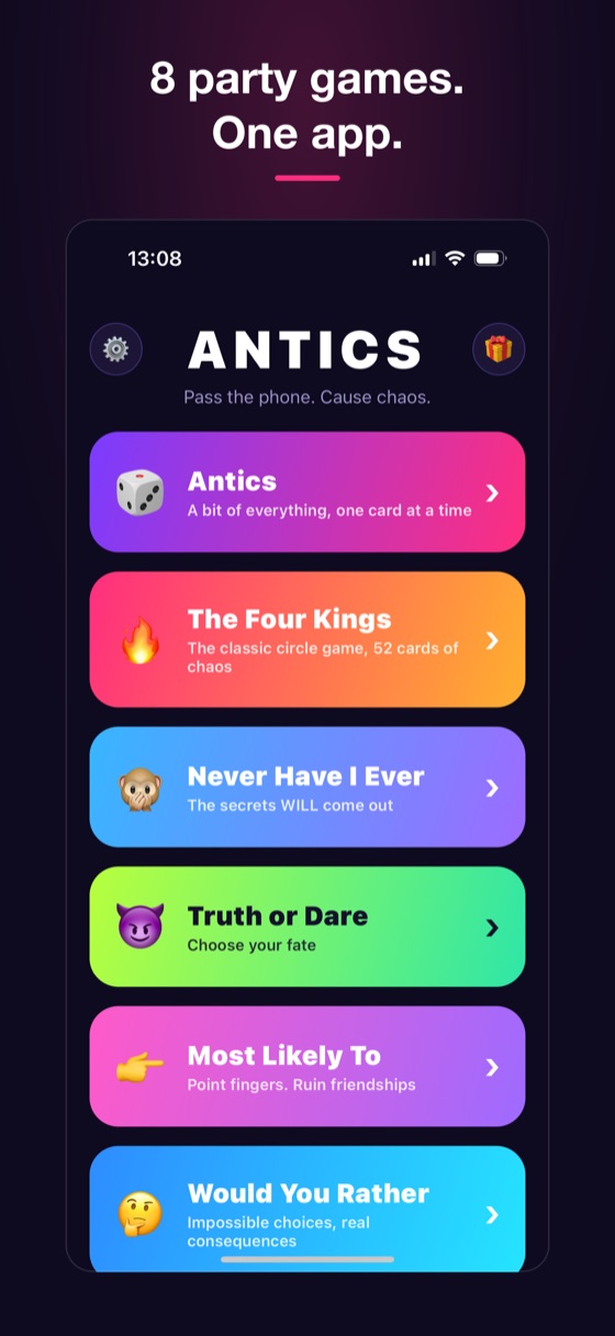 Antics home screen: 8 party games in one app