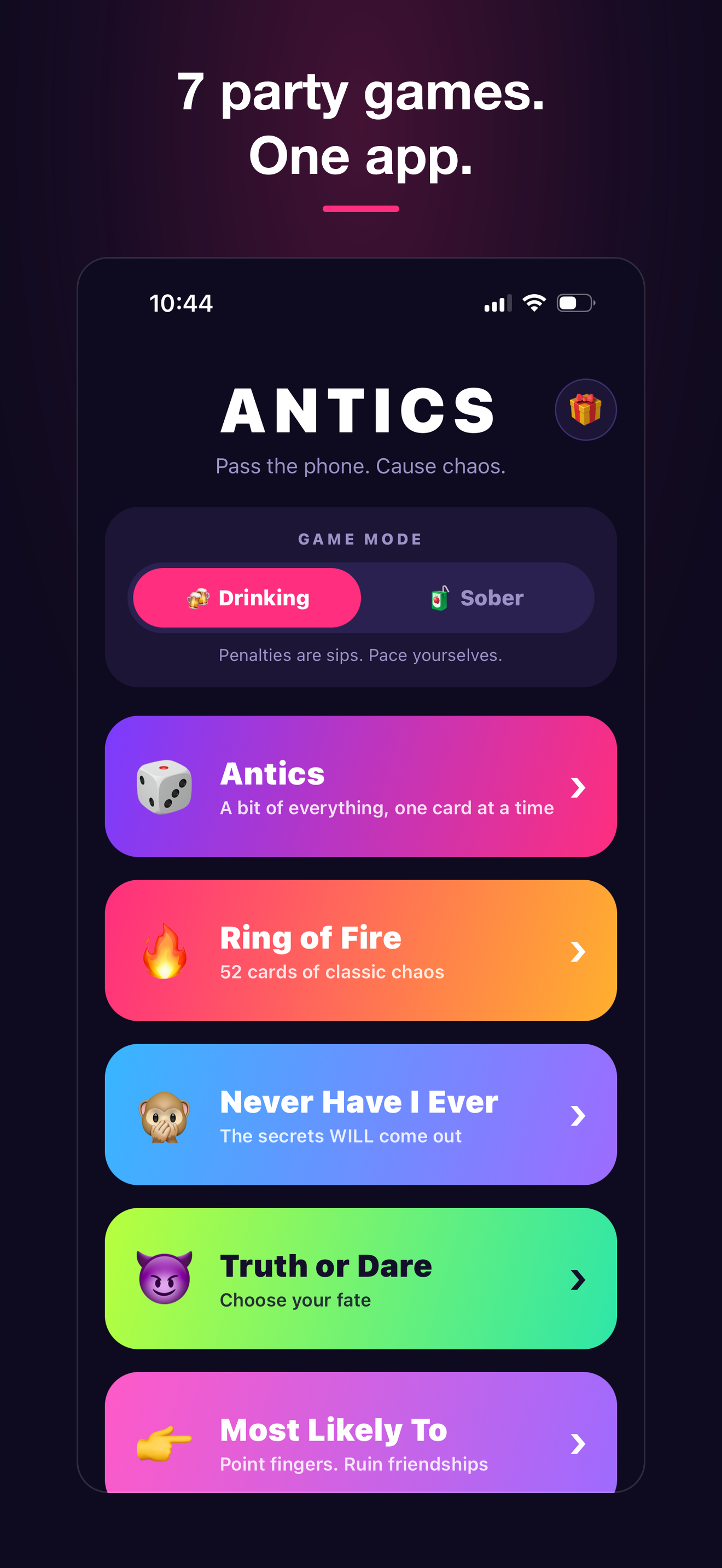 Antics home screen — 7 party games in one app